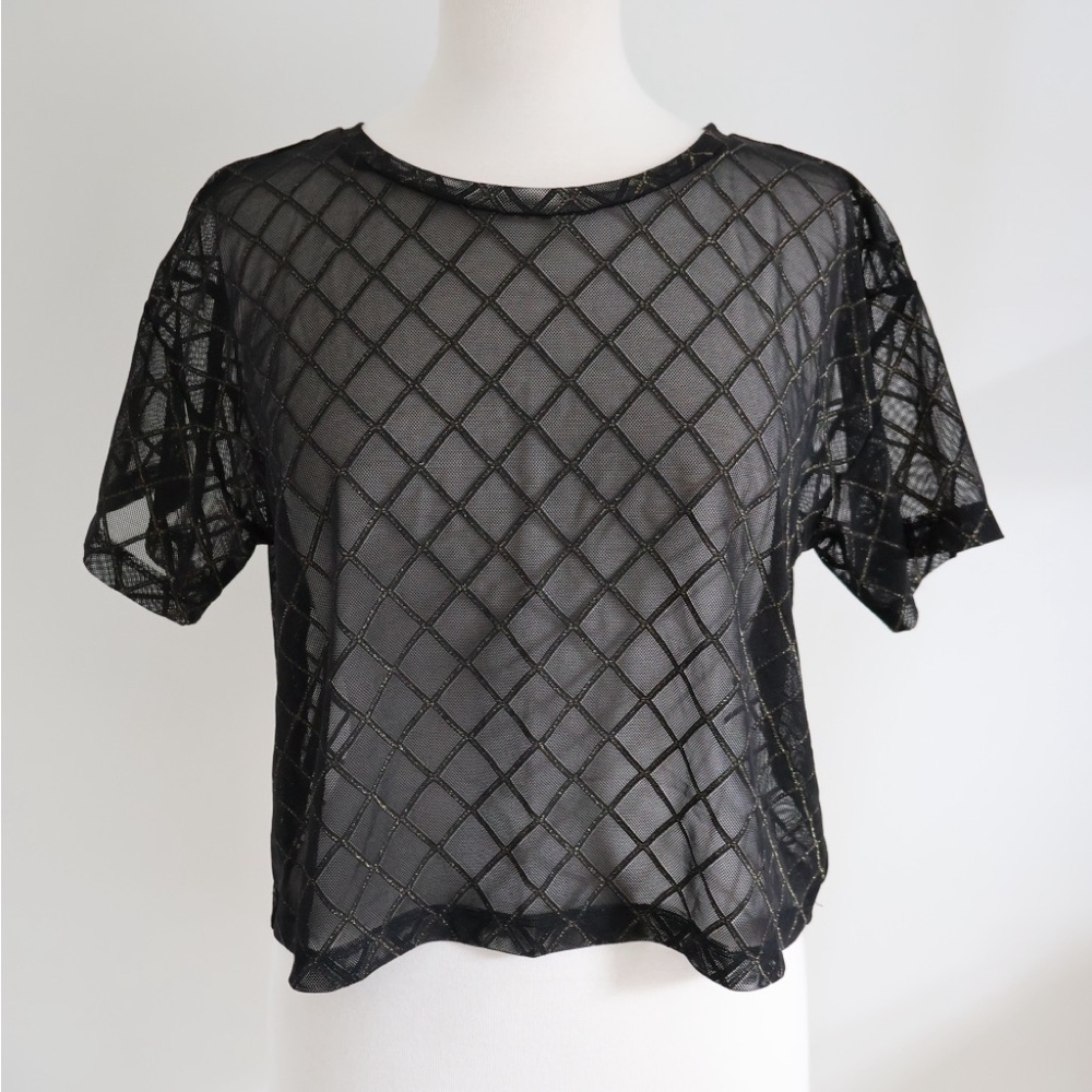 Sheer Black and Gold Victoria’s Sport Crop Top Short Sleeve Sparkles Small